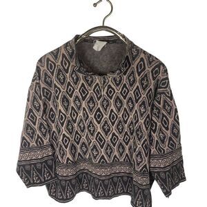 Vintage NAF NAF‎ Paris Tan Black Jacquard Quarter Zip  Pullover Sweater Size M/L